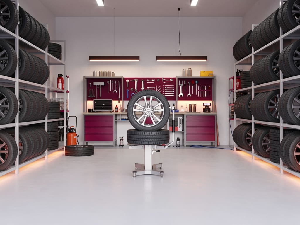 Officina pneumatici ordinata con area per cambio stagionale ruote